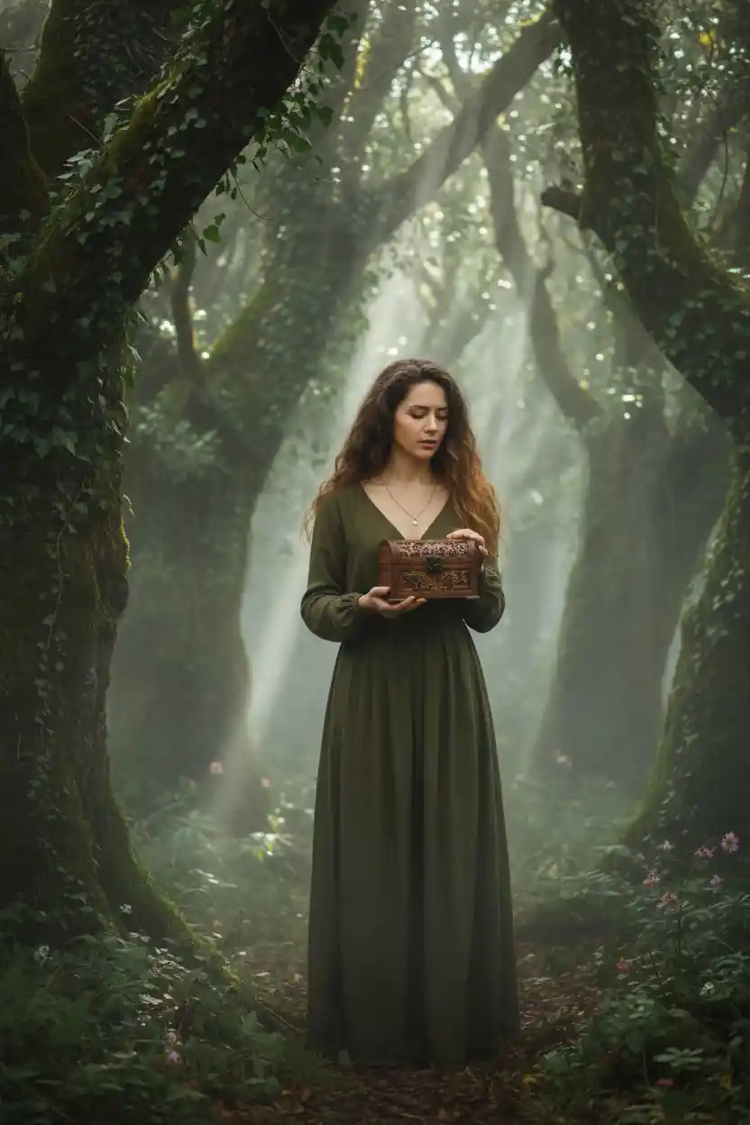 Woman with wooden box in mystical ancient forest