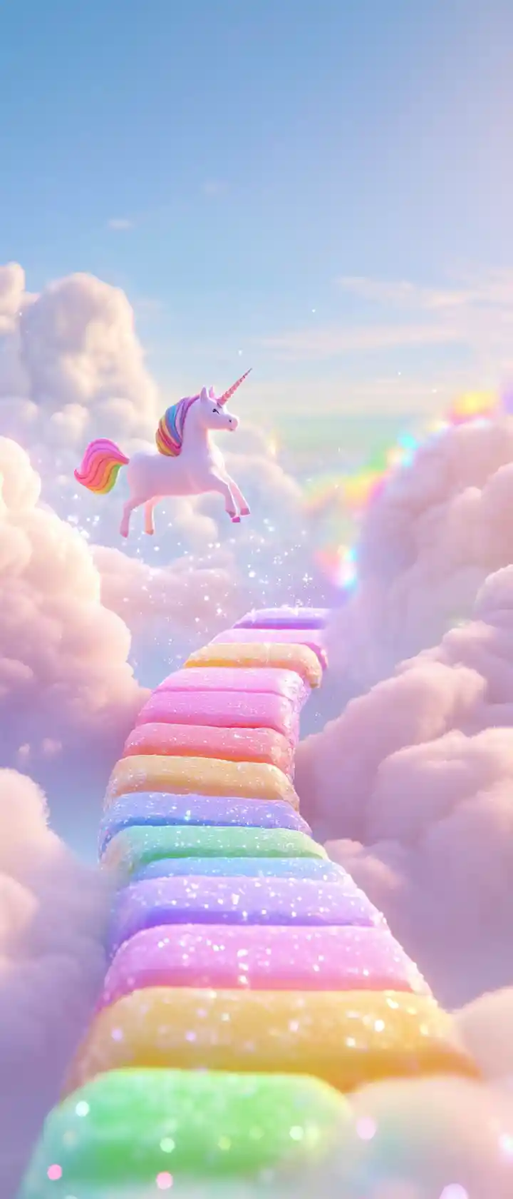Unicorn On A Floating Rainbow Candy Racetrack Above Clouds