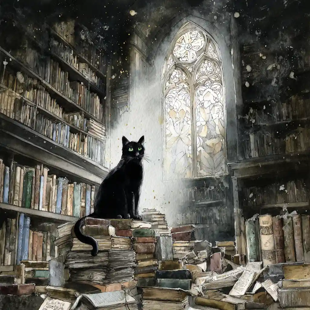 Majestic black cat on ancient books in gothic library