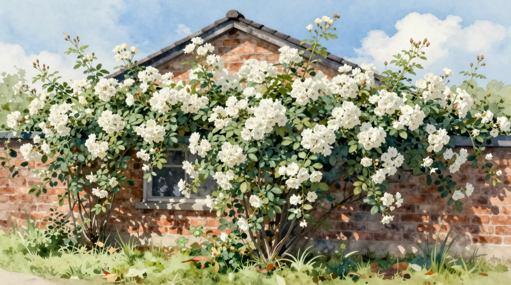 White climbing roses cover a brick house under blue sky