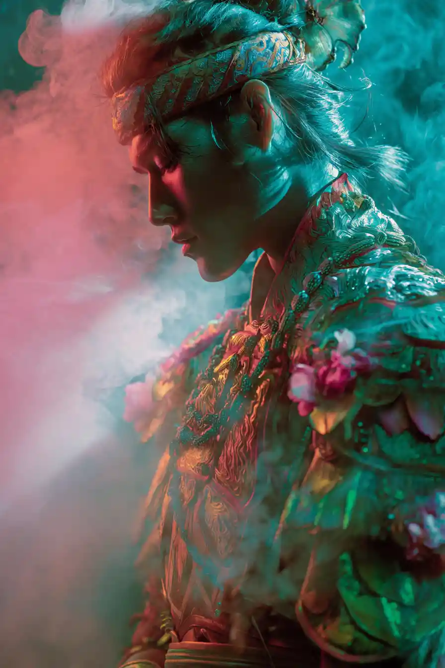 Meditative warrior portrait in glowing fantasy forest