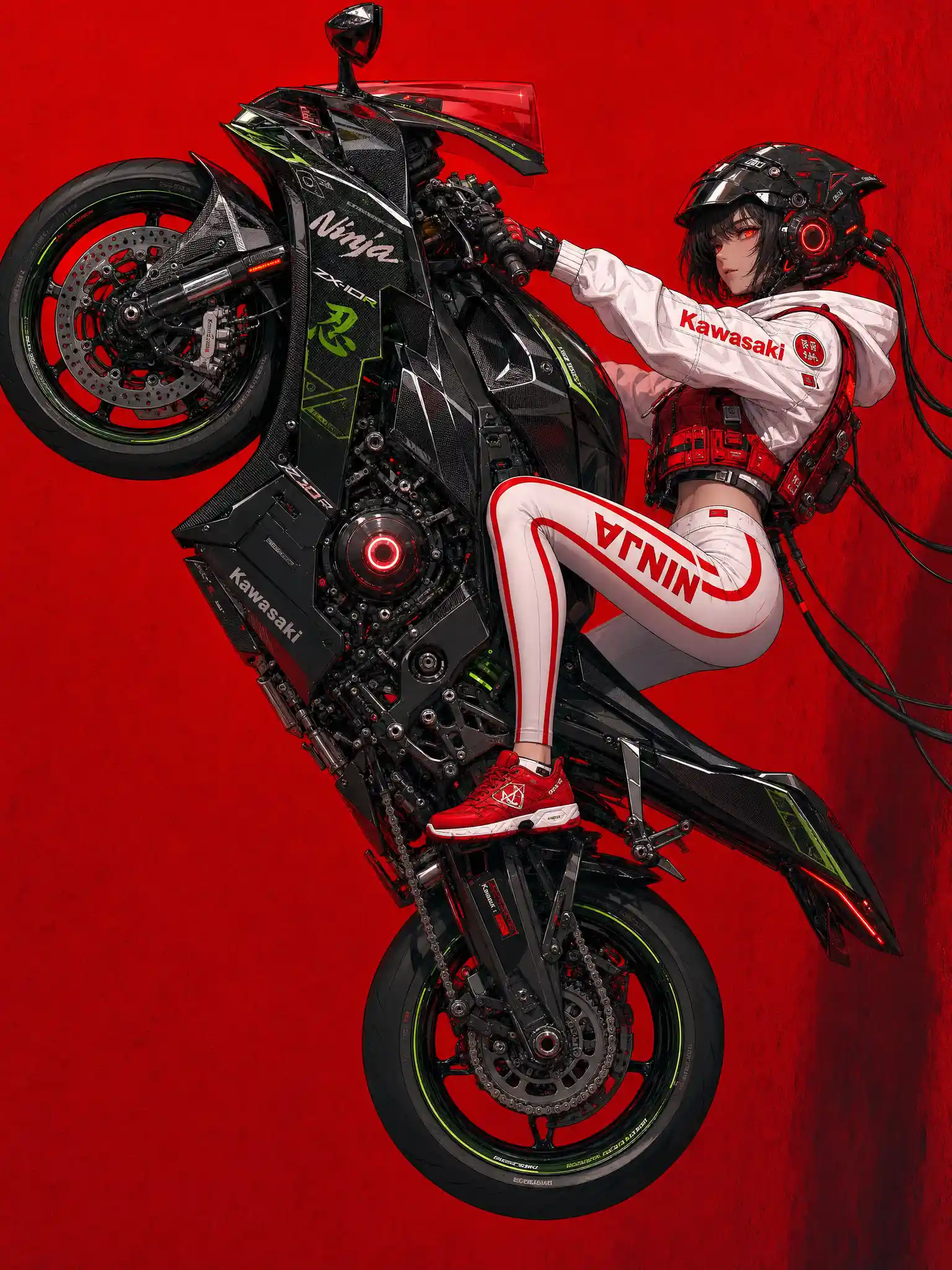 Cyberpunk anime woman riding a vertical futuristic motorcycle