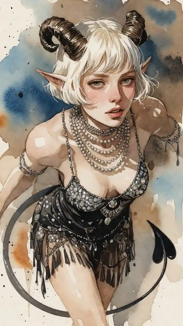 Tiefling donna in posa dal basso ispirata alle flapper
