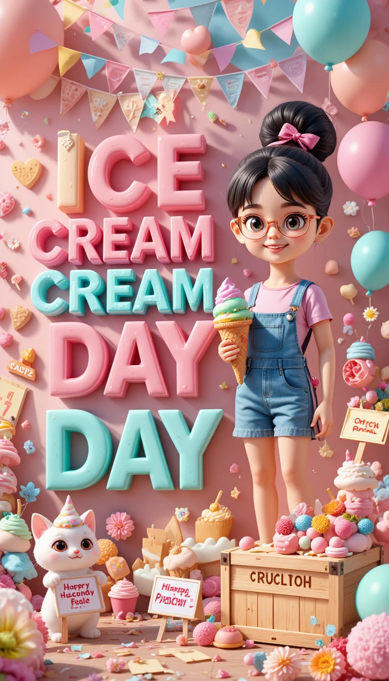 Joyful 3D girl celebrating summer ice cream festival
