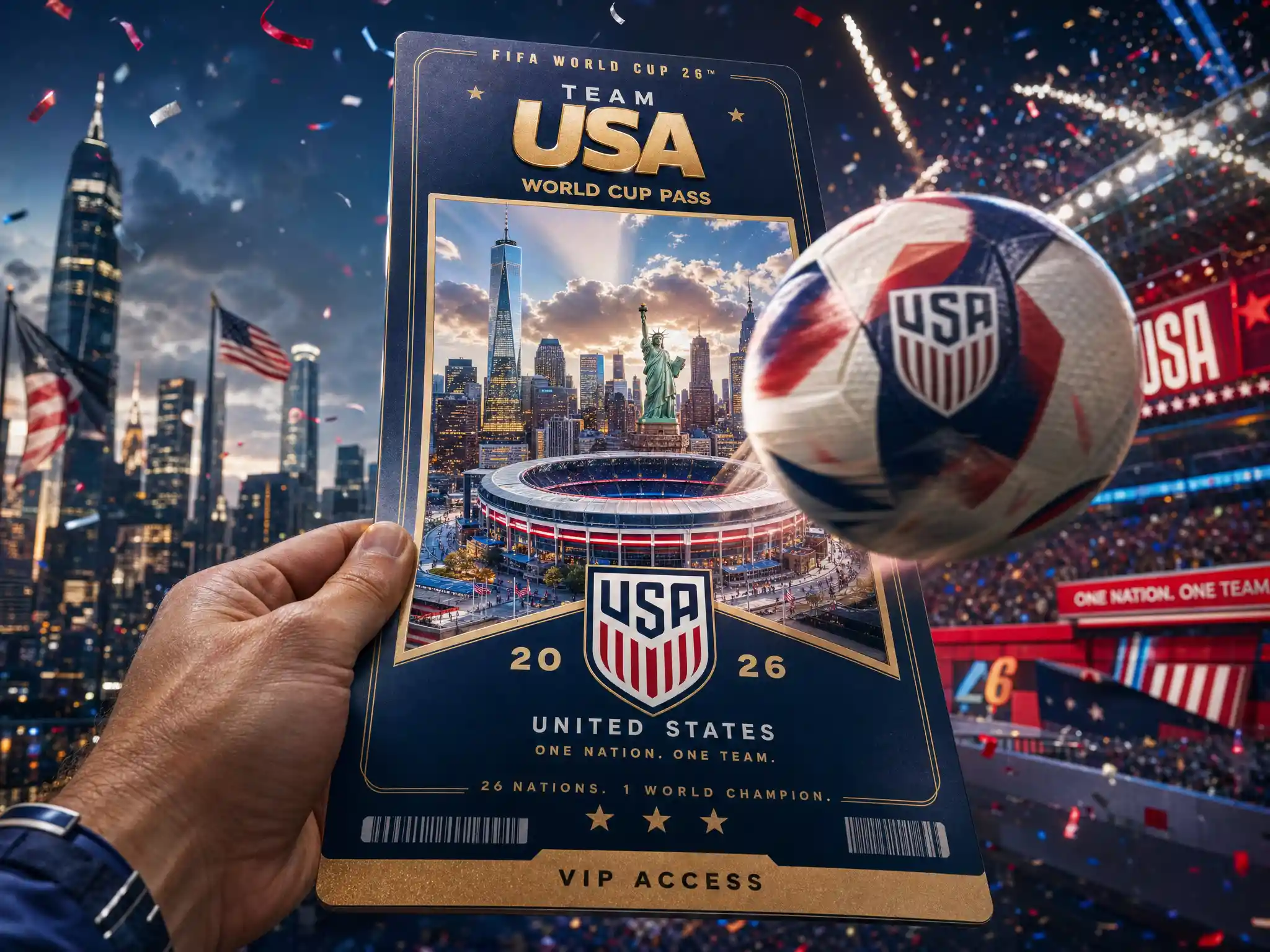 First person view world cup pass over american city skyline