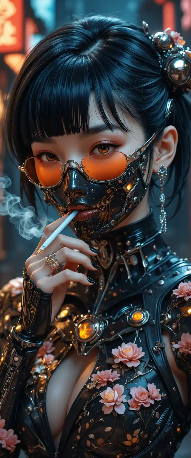 Gothic cyberpunk woman in metallic mask with flowers