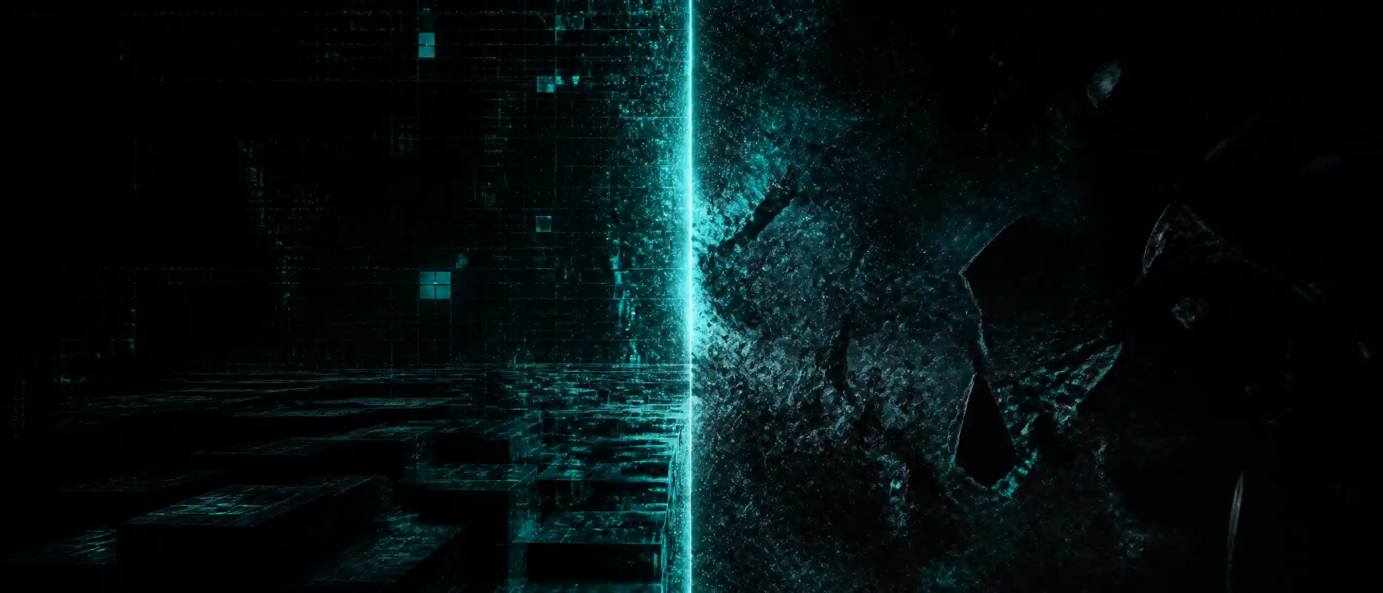 Vertical glowing line dividing pixelated and disintegrating worlds