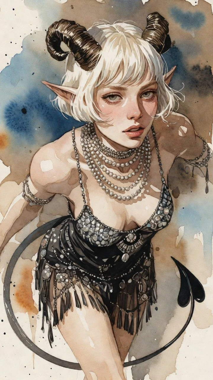 Mujer tiefling inspirada en flapper en pose a contraplano