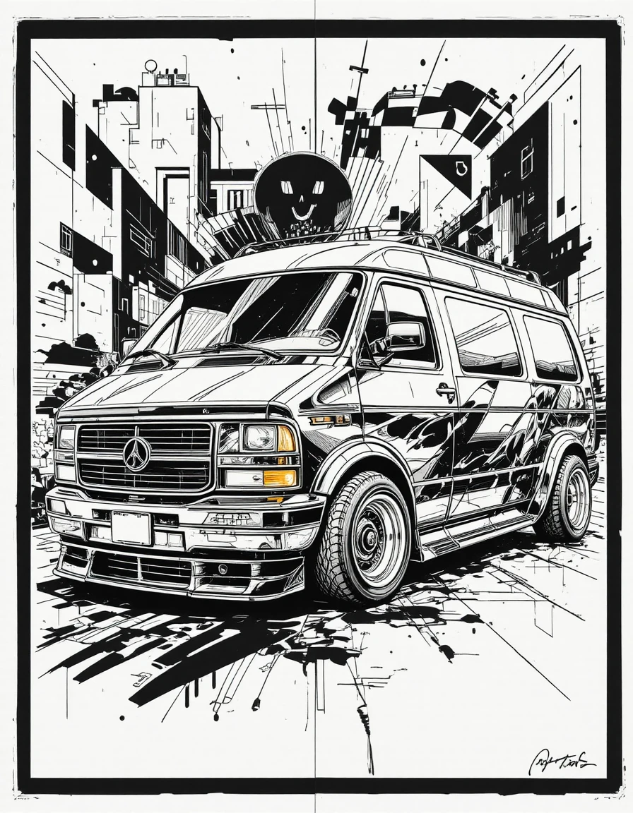 Custom euro van drawing with bold monochrome graphic background