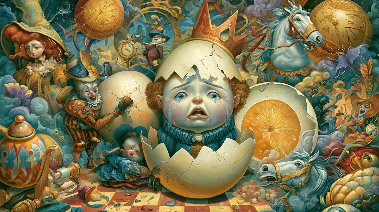 Surreal crying egg queen in a dark fairy tale scene