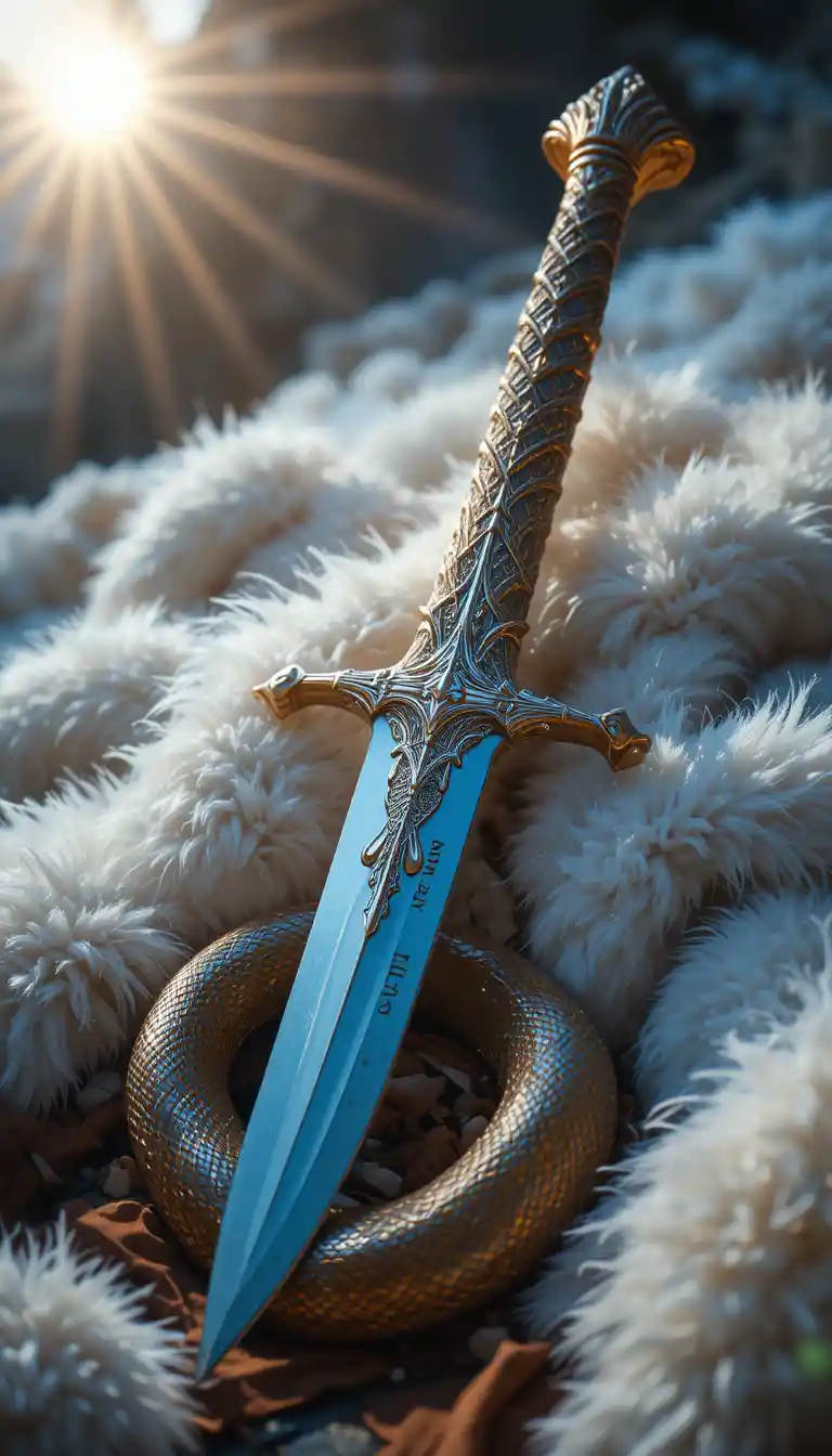 Ornate golden dagger on faux fur under bright sunlight