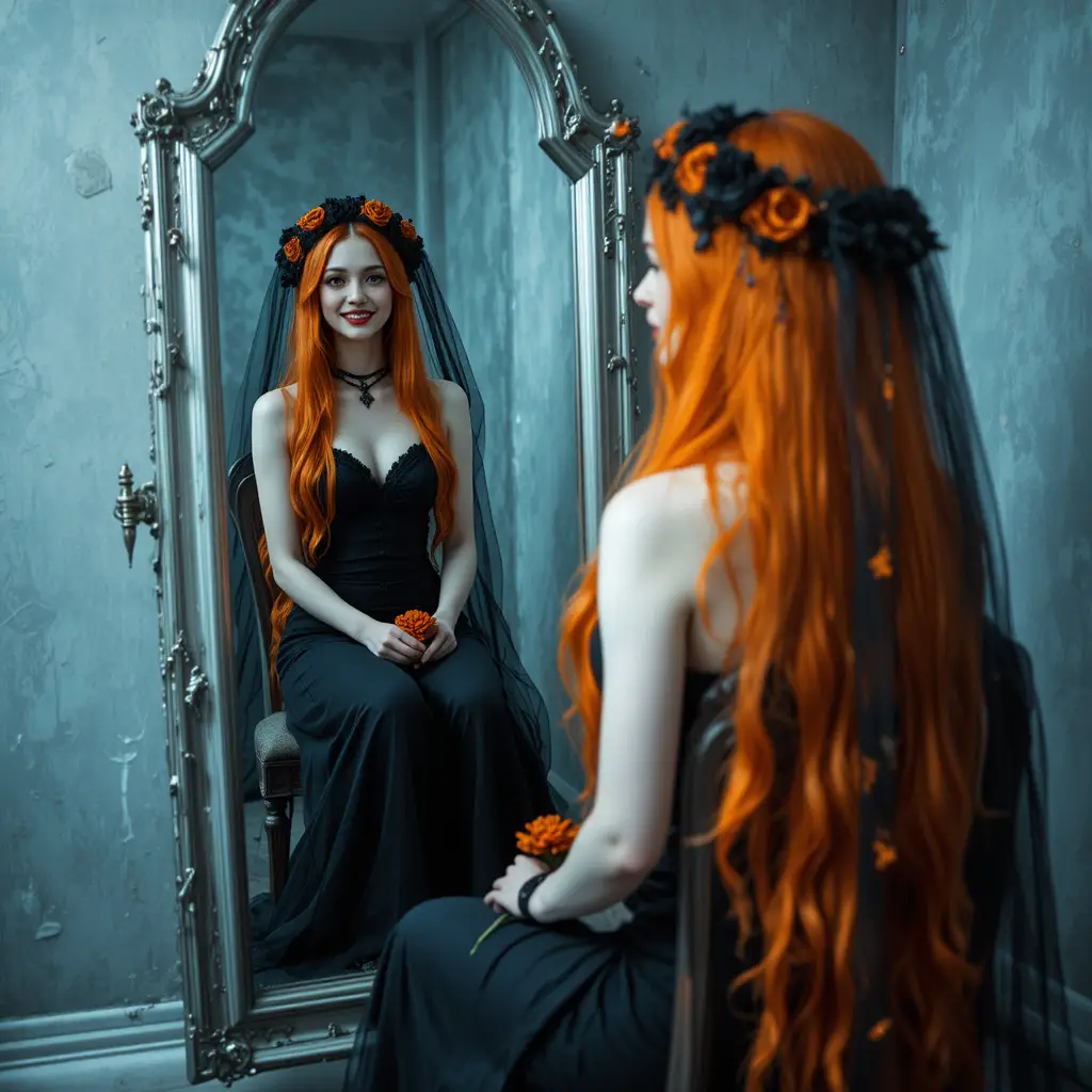 Smiling dark bride with orange hair seated before mirror