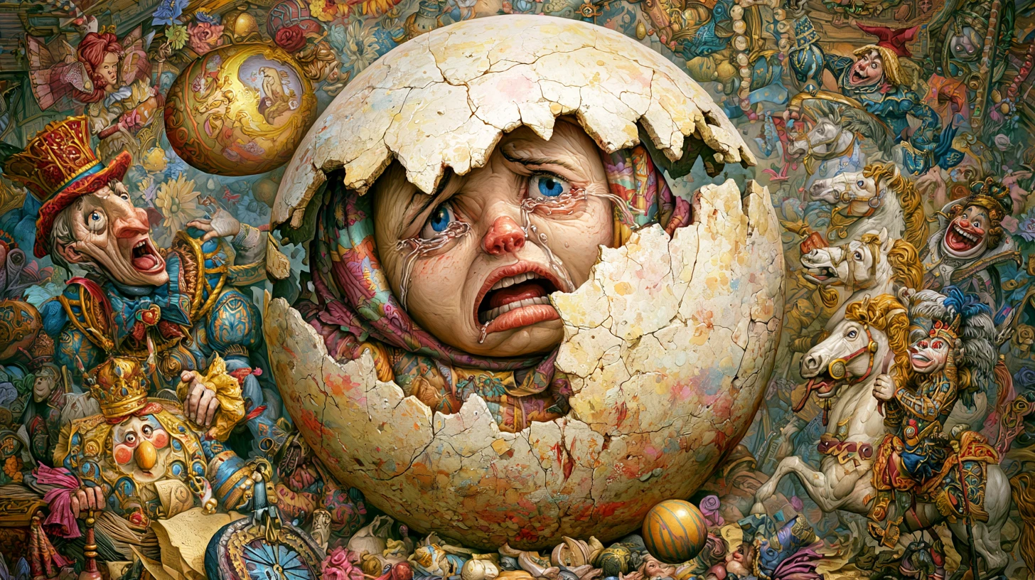 Surreal crying egg in a dark fairy tale disaster