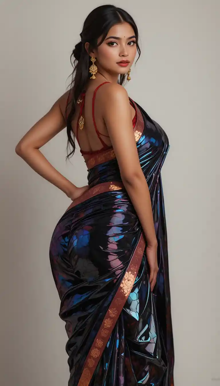 Tamil woman in glossy saree with exposed midriff pose