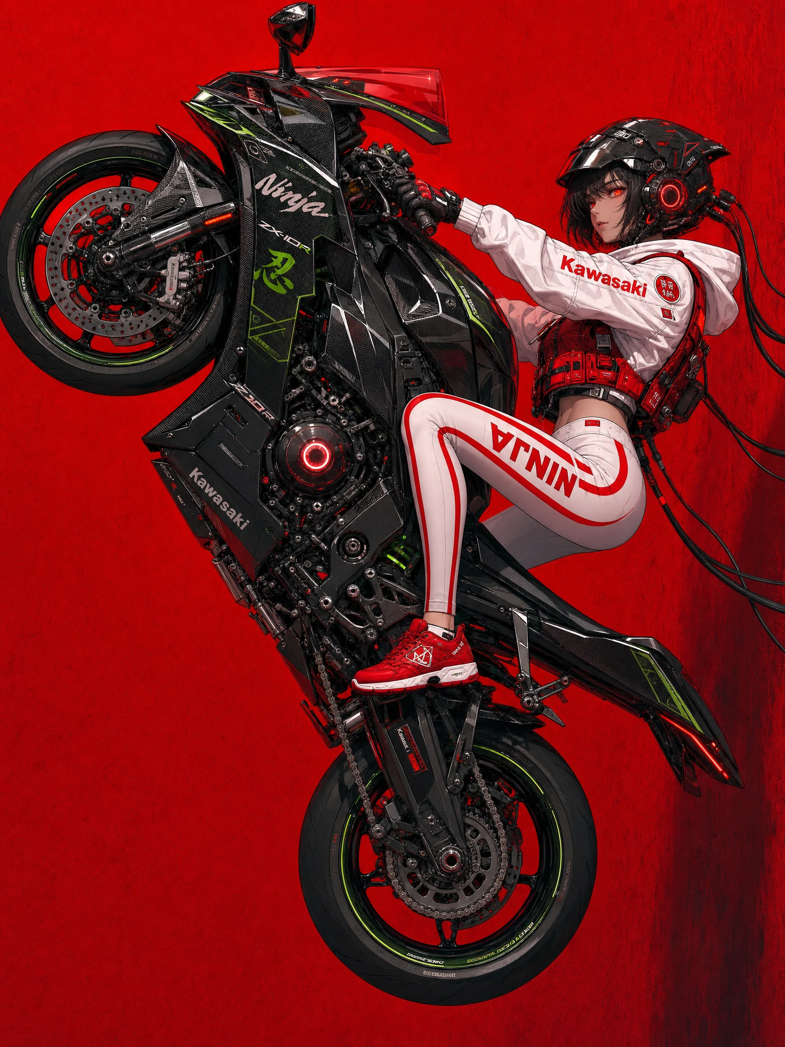 Cyberpunk anime woman riding a vertical futuristic motorcycle