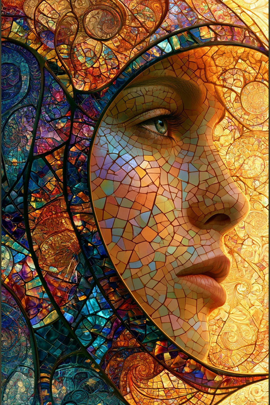 Retrato de diosa en vitrales con patrones abstractos luminosos