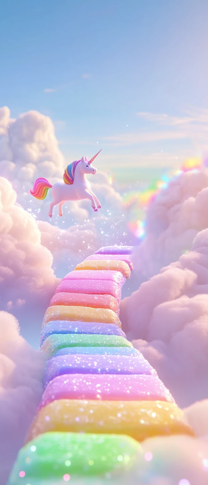 Unicorn On A Floating Rainbow Candy Racetrack Above Clouds