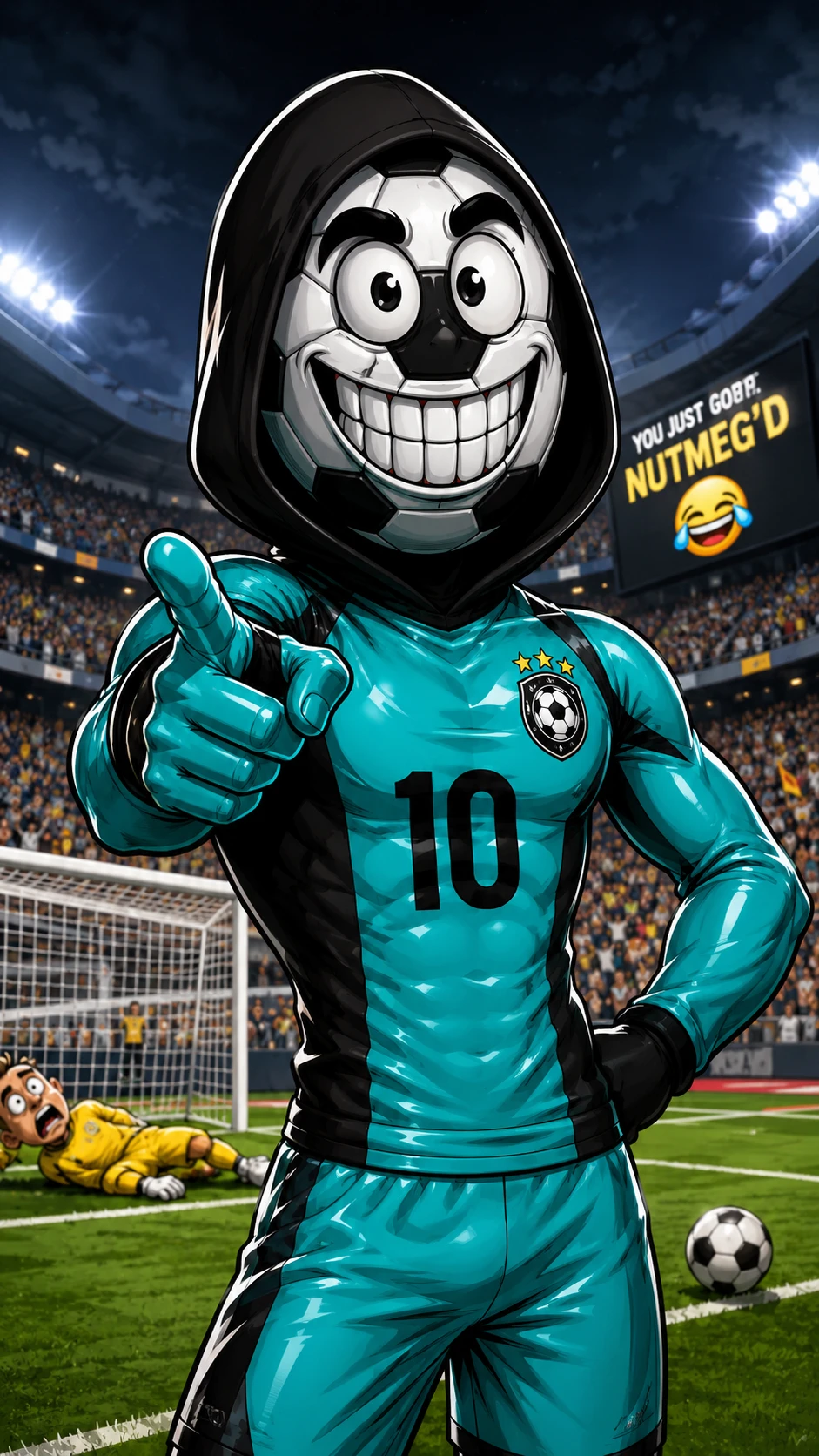 Cartoon football player with soccer ball mask on field