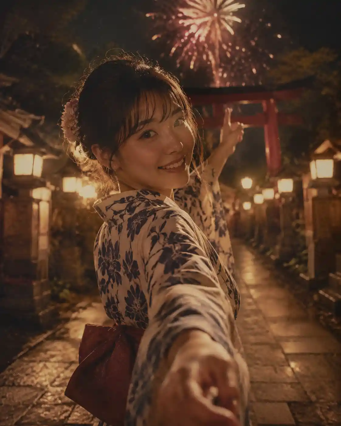 Young woman in yukata on shrine path under fireworks