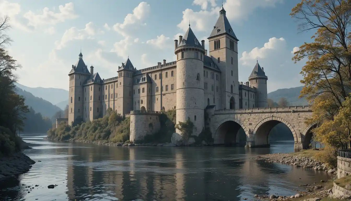 Medieval stone castle rising above a winding riverside