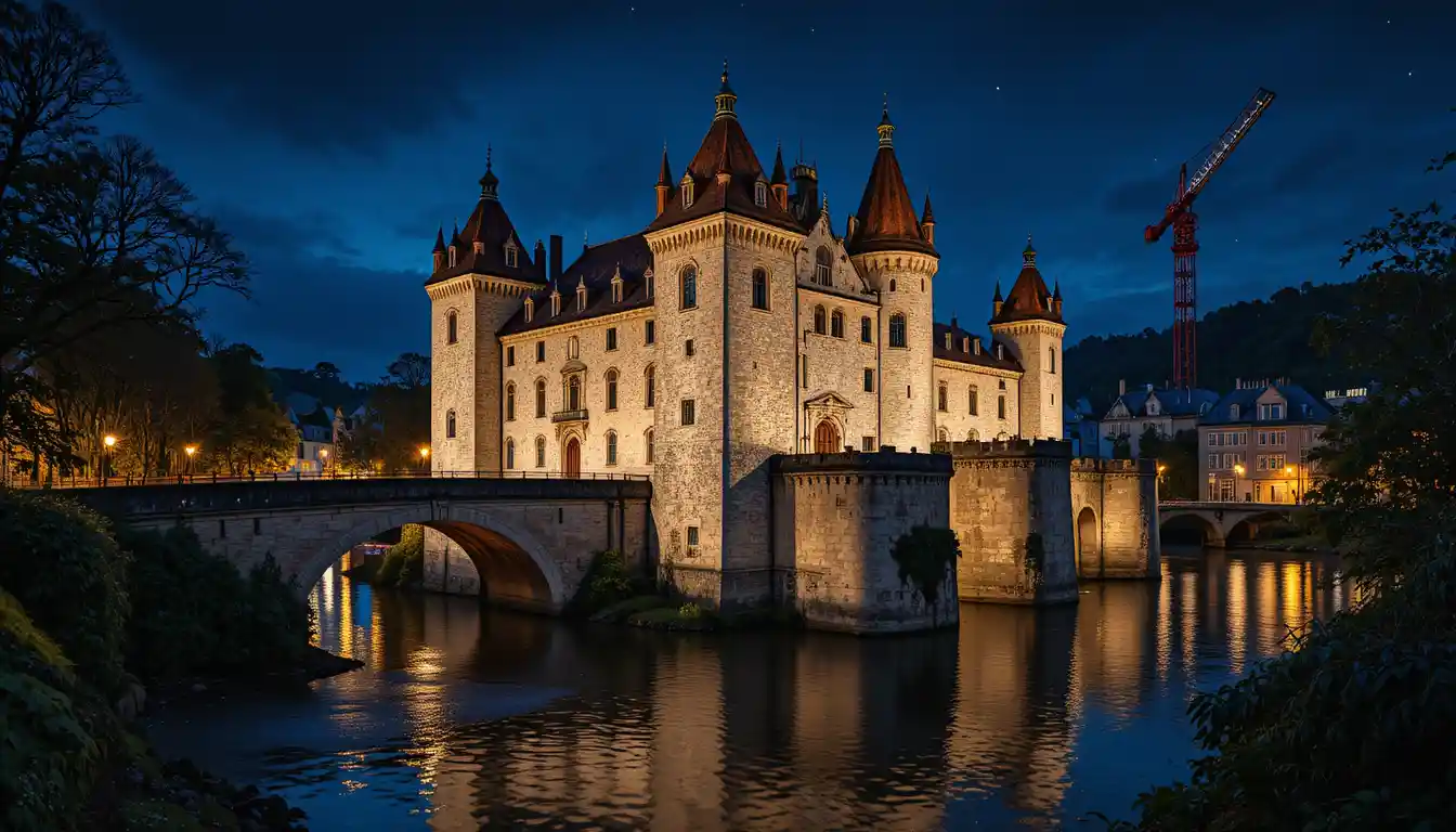 Medieval castle overlooking river in night european cityscape