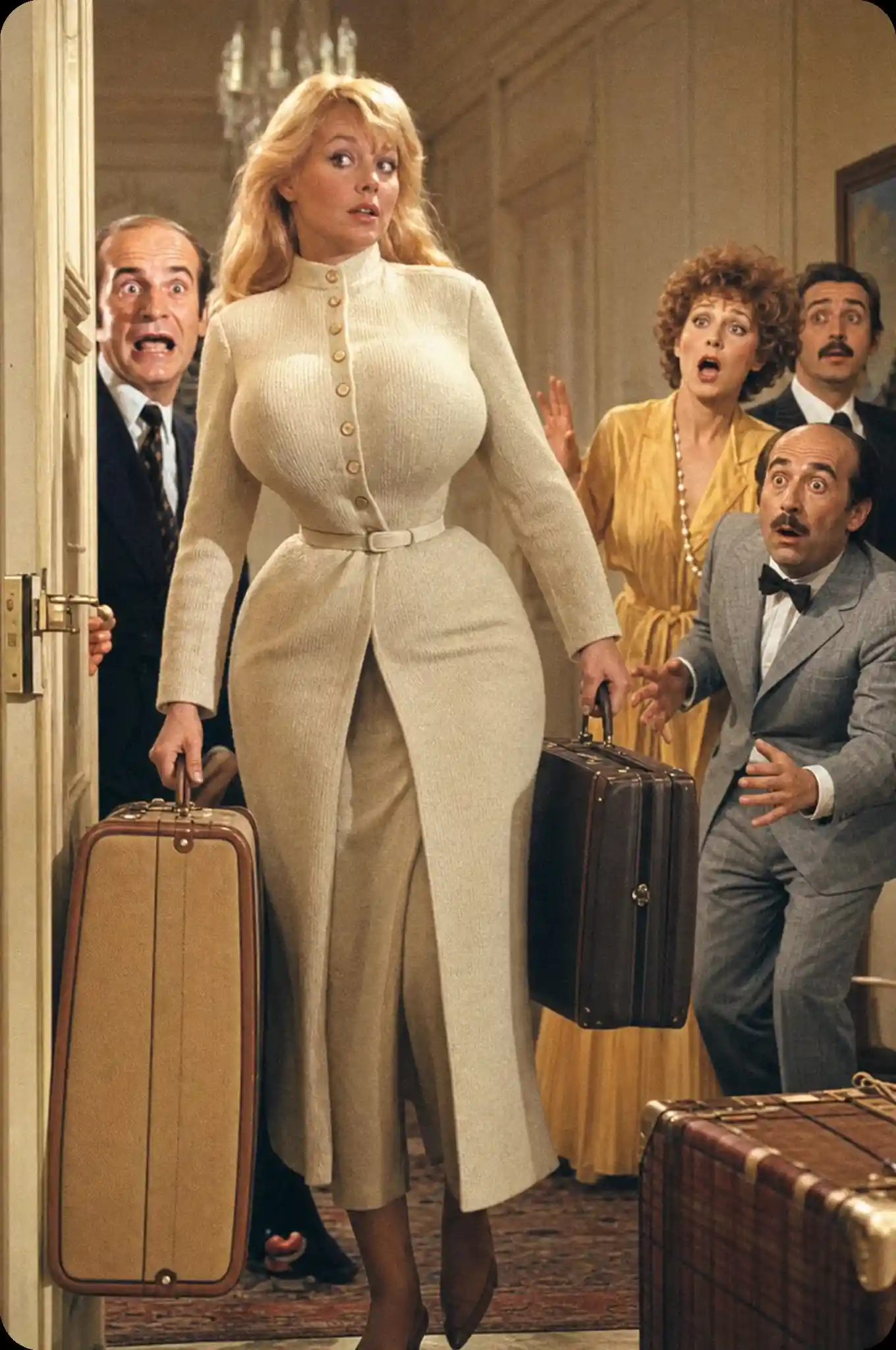 Scena giocosa in stile anni ’70 con espressivi personaggi francesi