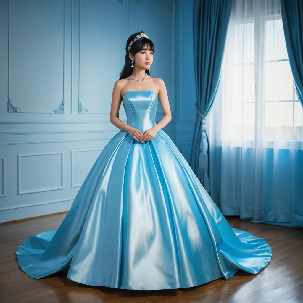 Elegant Japanese girl in vivid blue satin ballgown