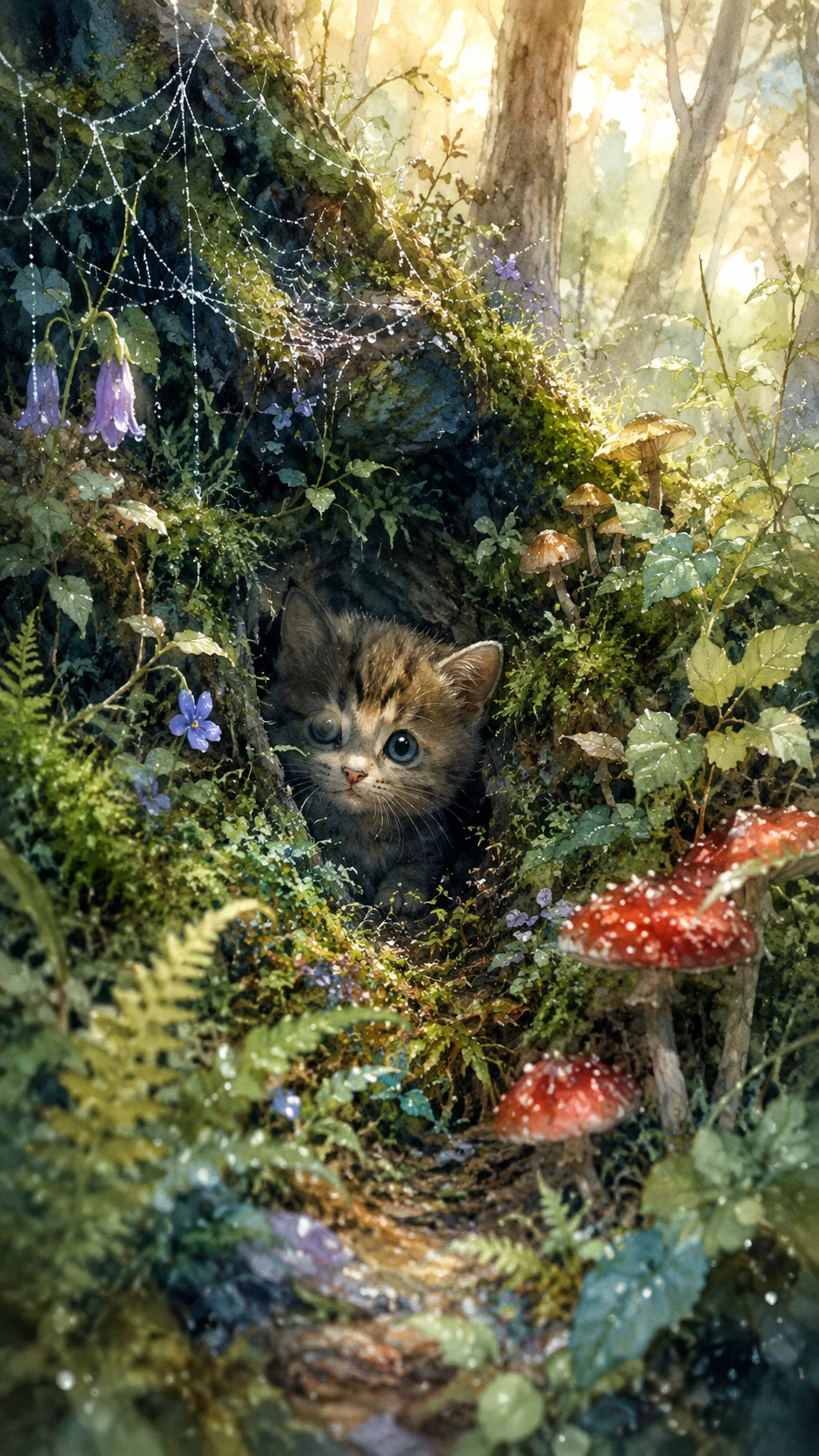 Minúsculo gatito escondido en una hondonada musgosa del bosque