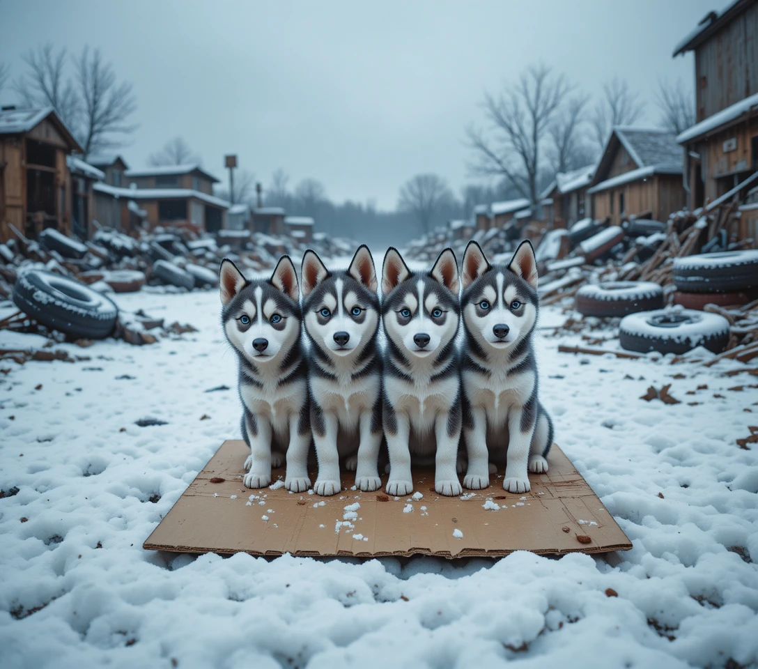 Four husky puppies huddled on cardboard in a snowy junkyard