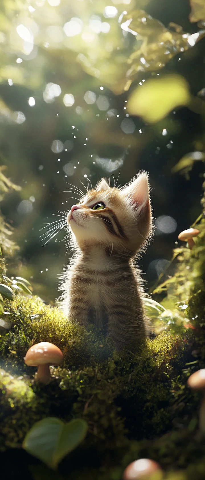 Tiny kitten hiding in a mossy forest dell