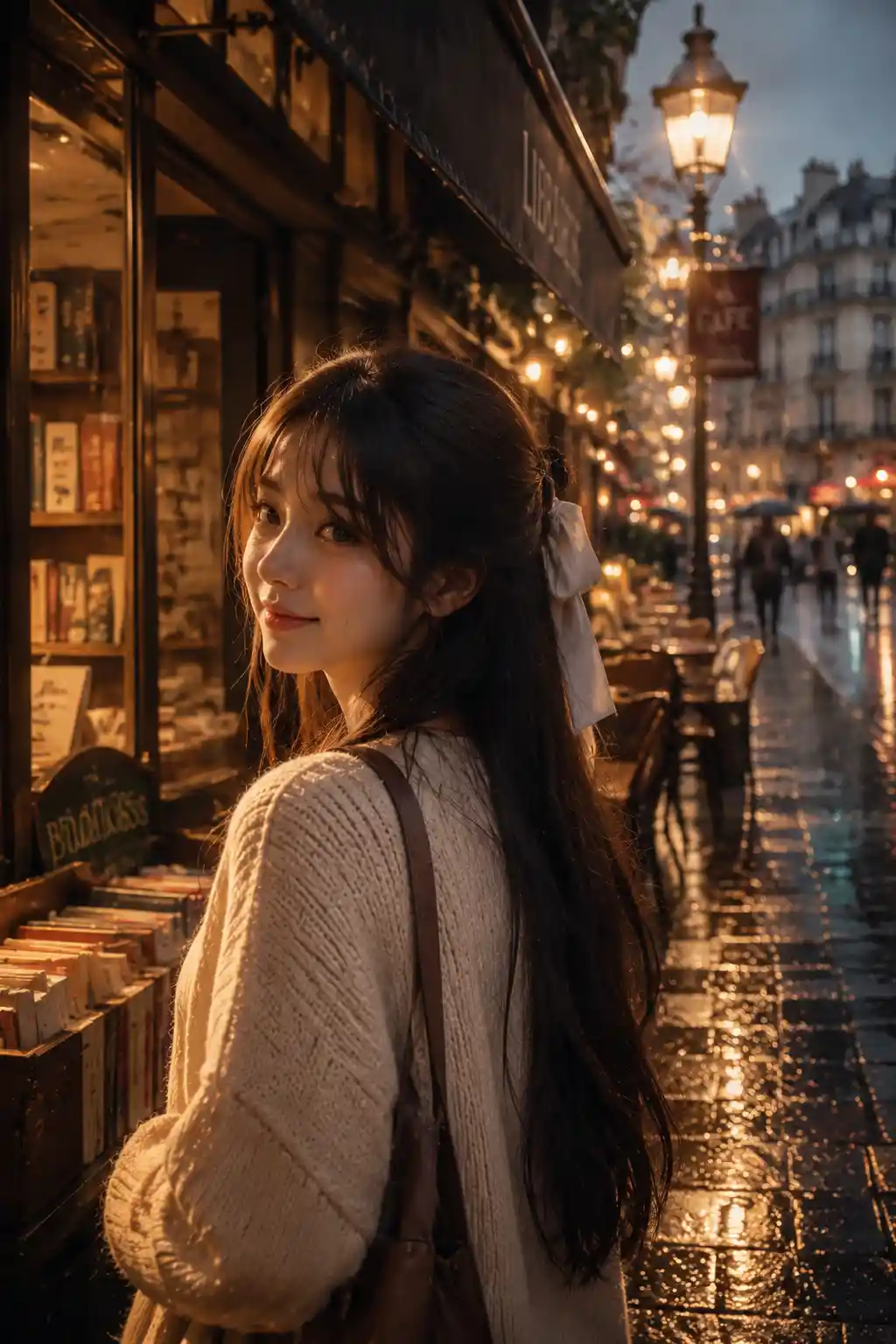 Young woman outside a cozy bookstore cafe at dusk