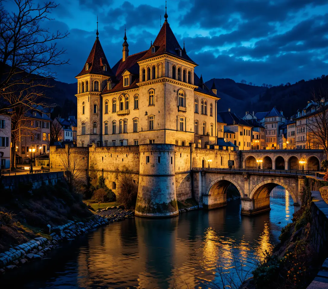 Castillo medieval de piedra junto al río en ciudad europea iluminada