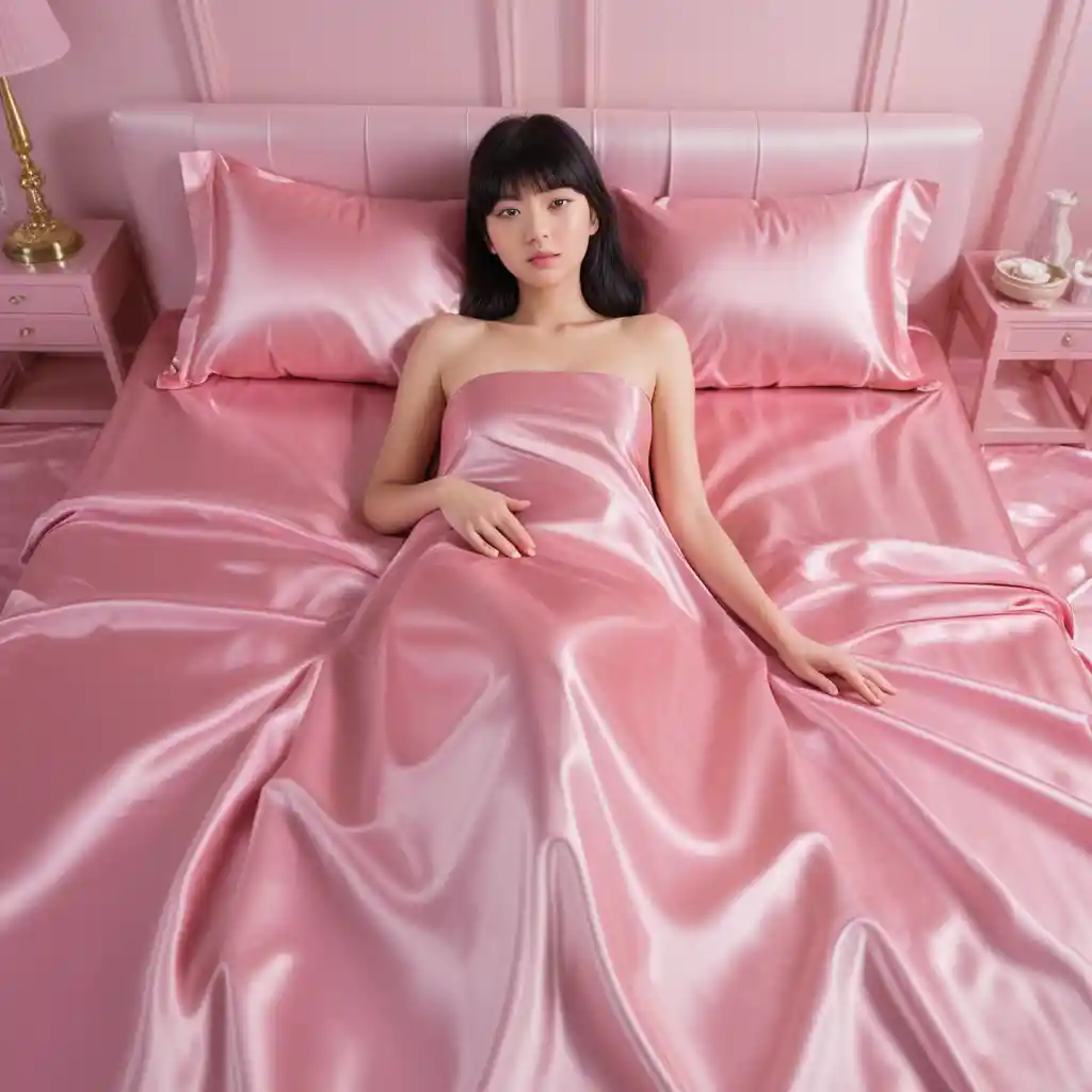 Japanese woman lying on pink satin bed looking at camera