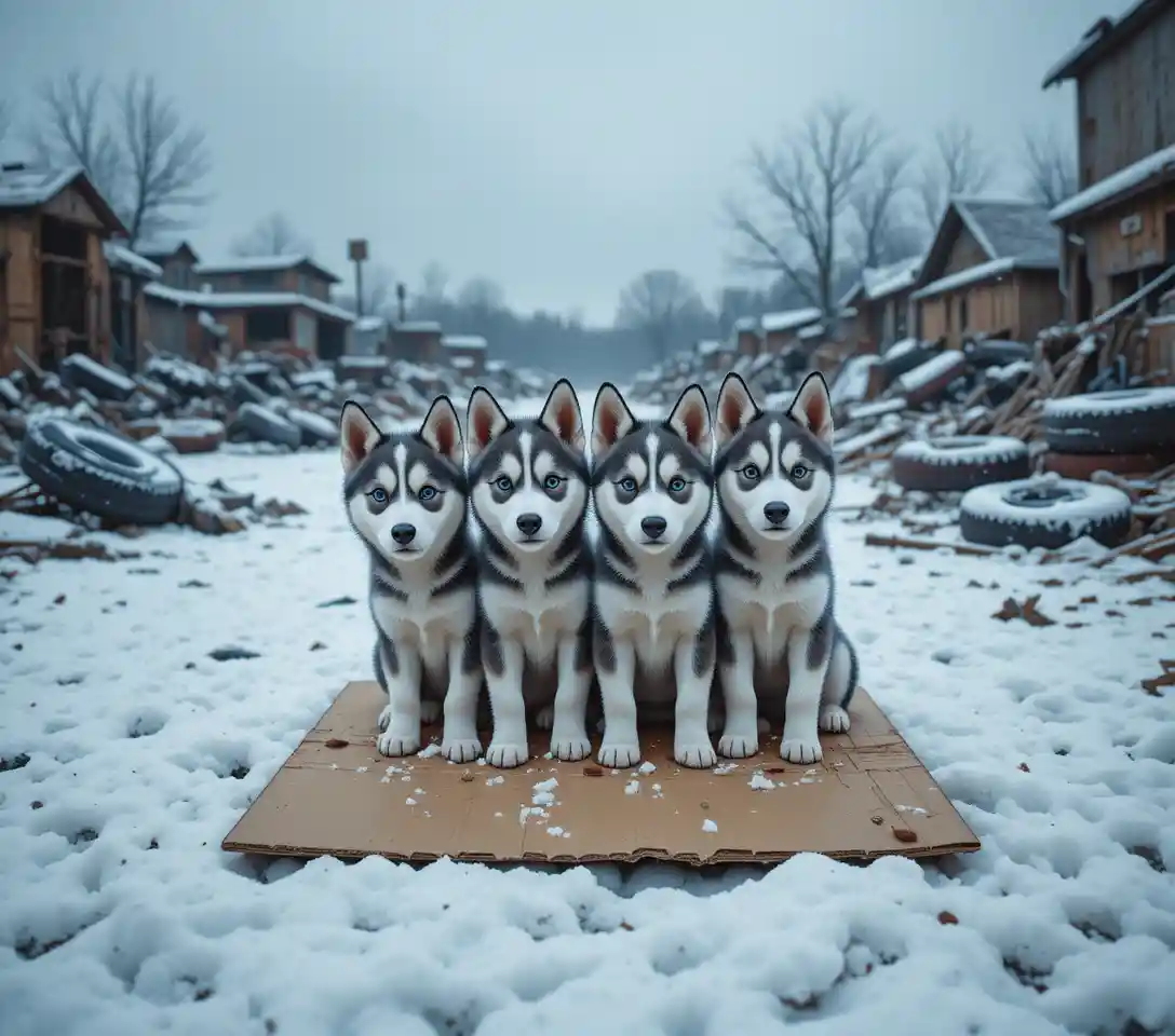 Four husky puppies huddled on cardboard in a snowy junkyard