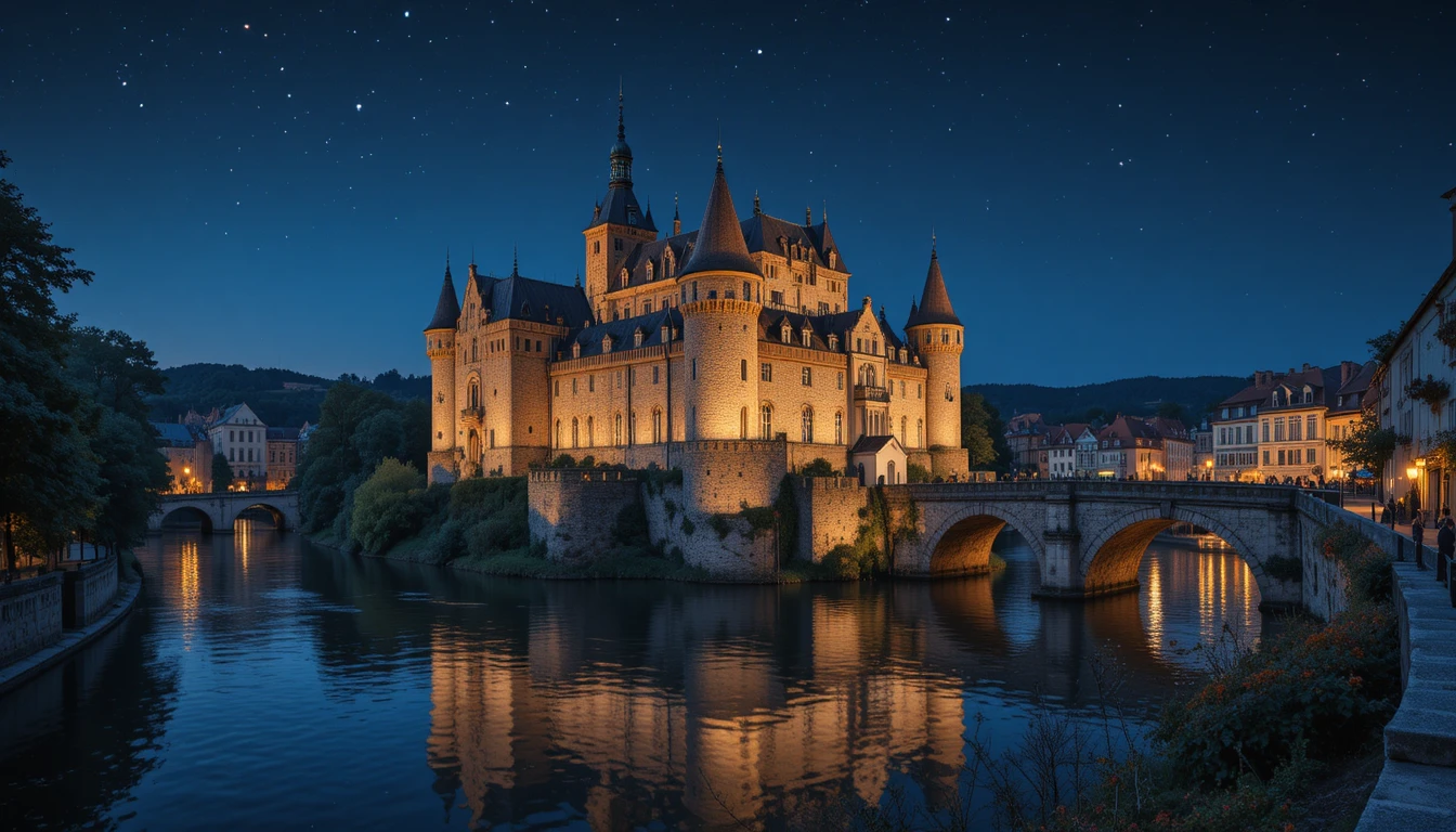 Medieval riverside castle overlooking a quiet European city