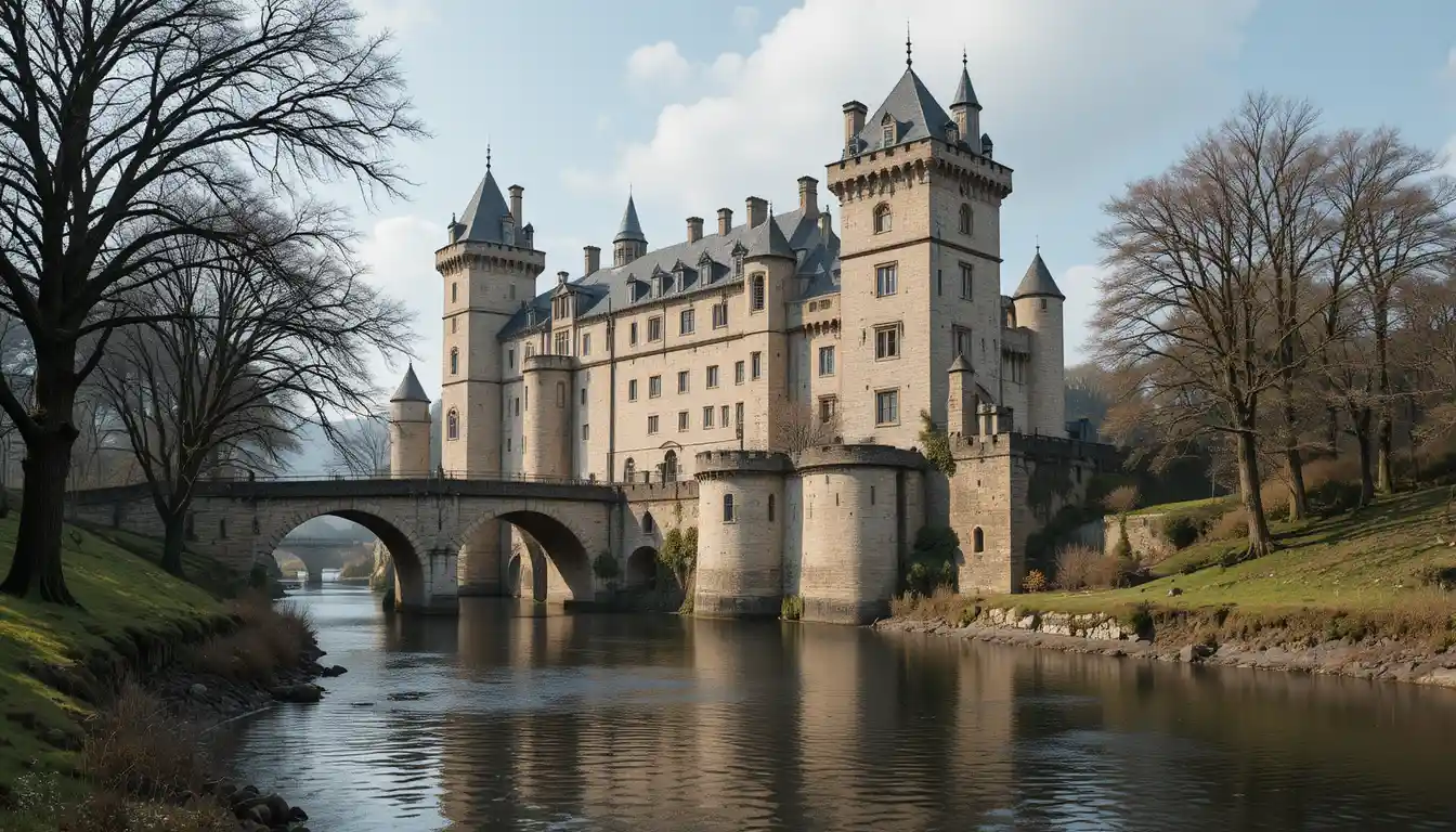 Medieval stone castle rising above a winding riverside landscape
