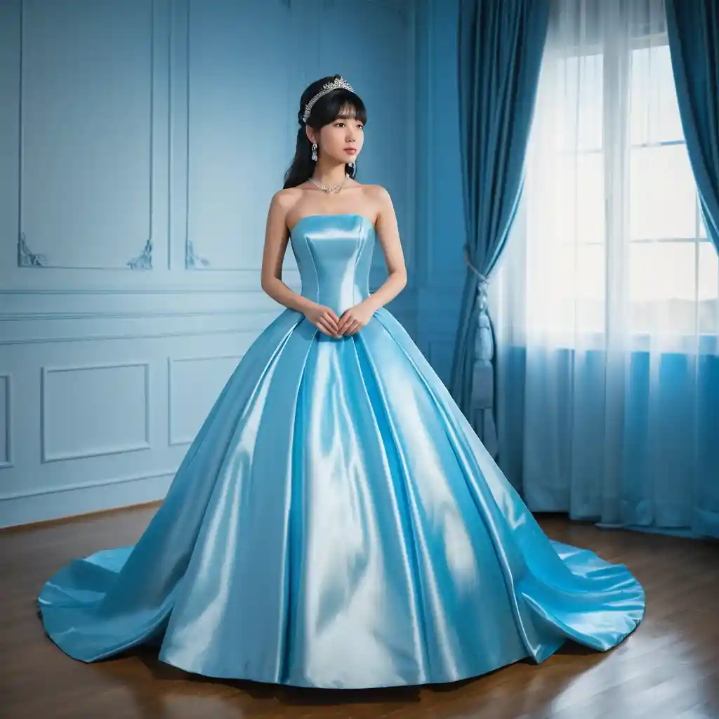 Elegant Japanese girl in vivid blue satin ballgown