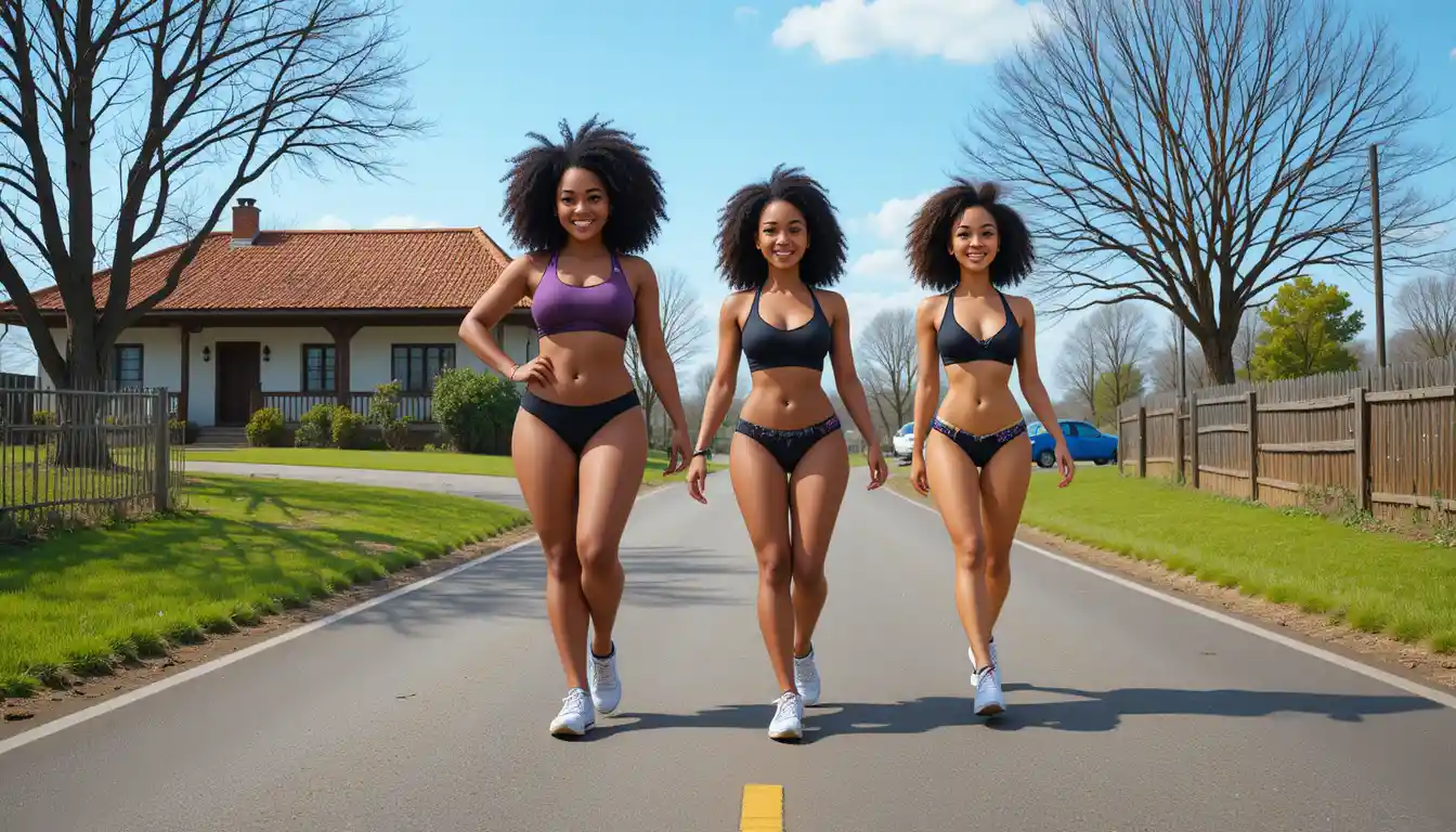 Three young women walking confidently along a sunny road