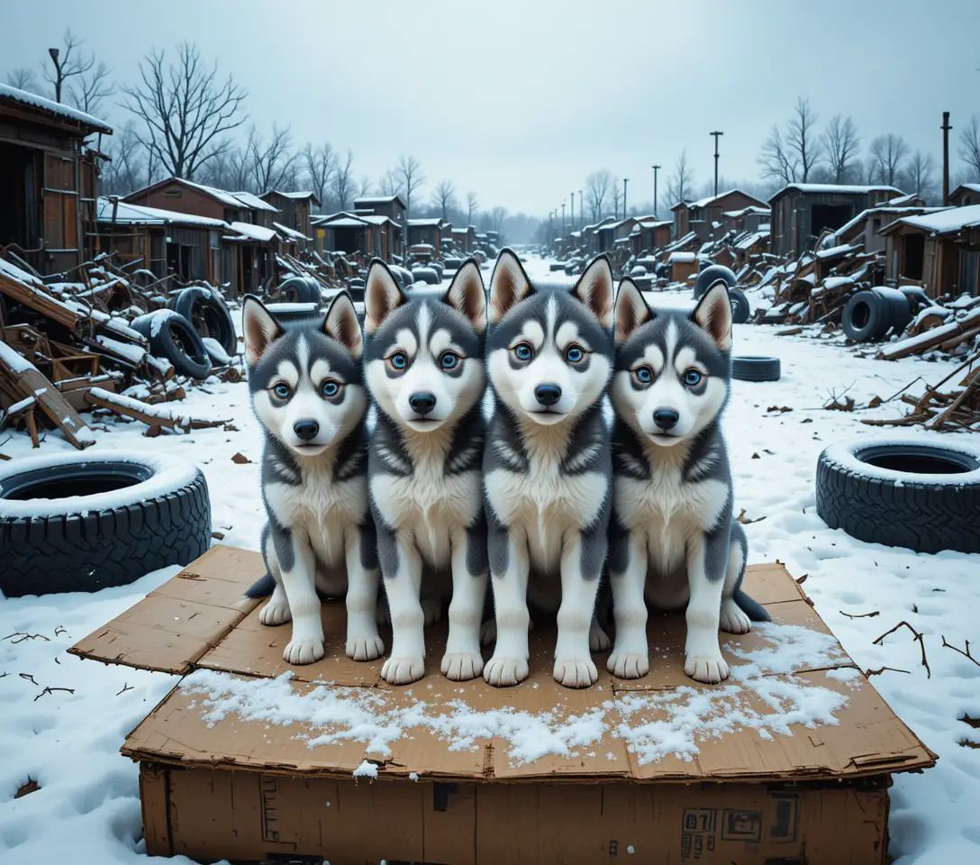 Husky puppies huddle on cardboard in a snowy junkyard