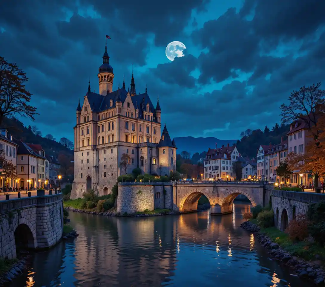 Medieval stone castle by river in a European city at night