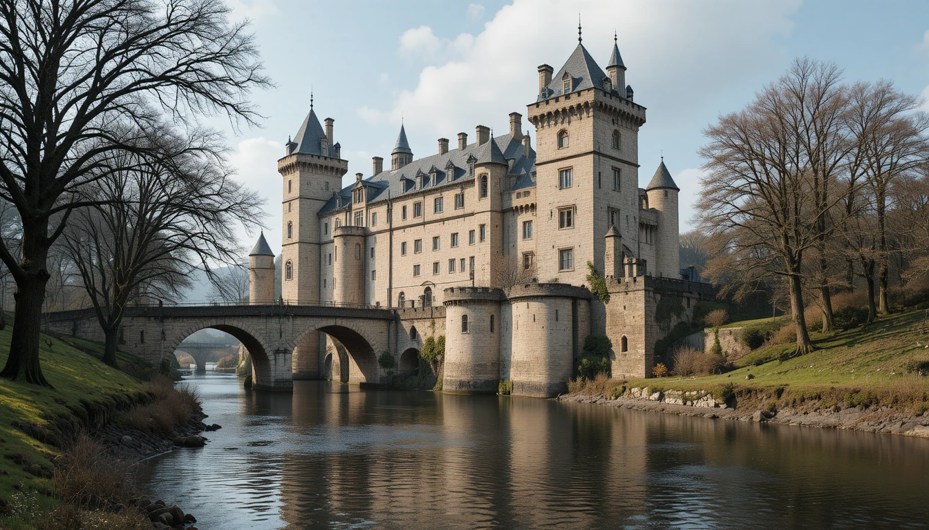 Medieval stone castle rising above a winding riverside landscape