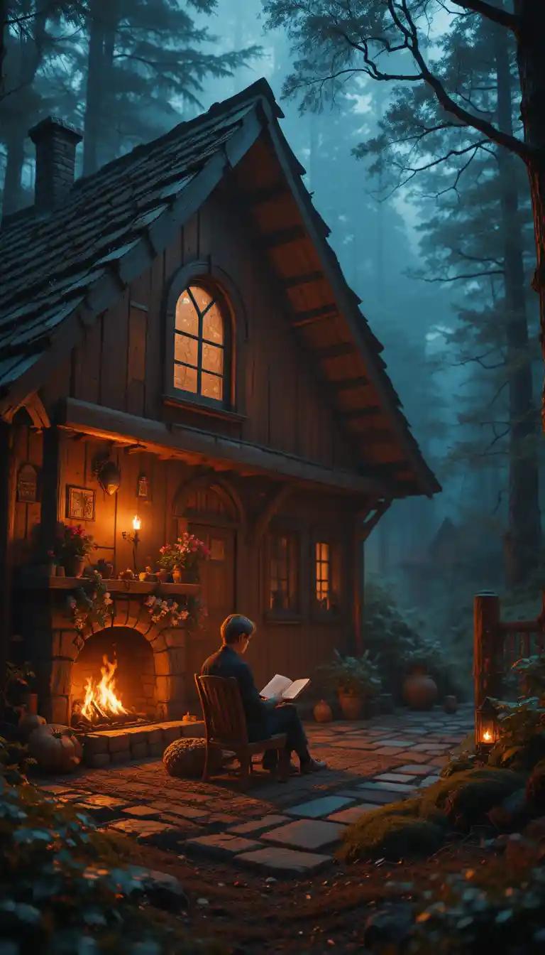 Cozy forest cabin interior with a lone reader by candlelight