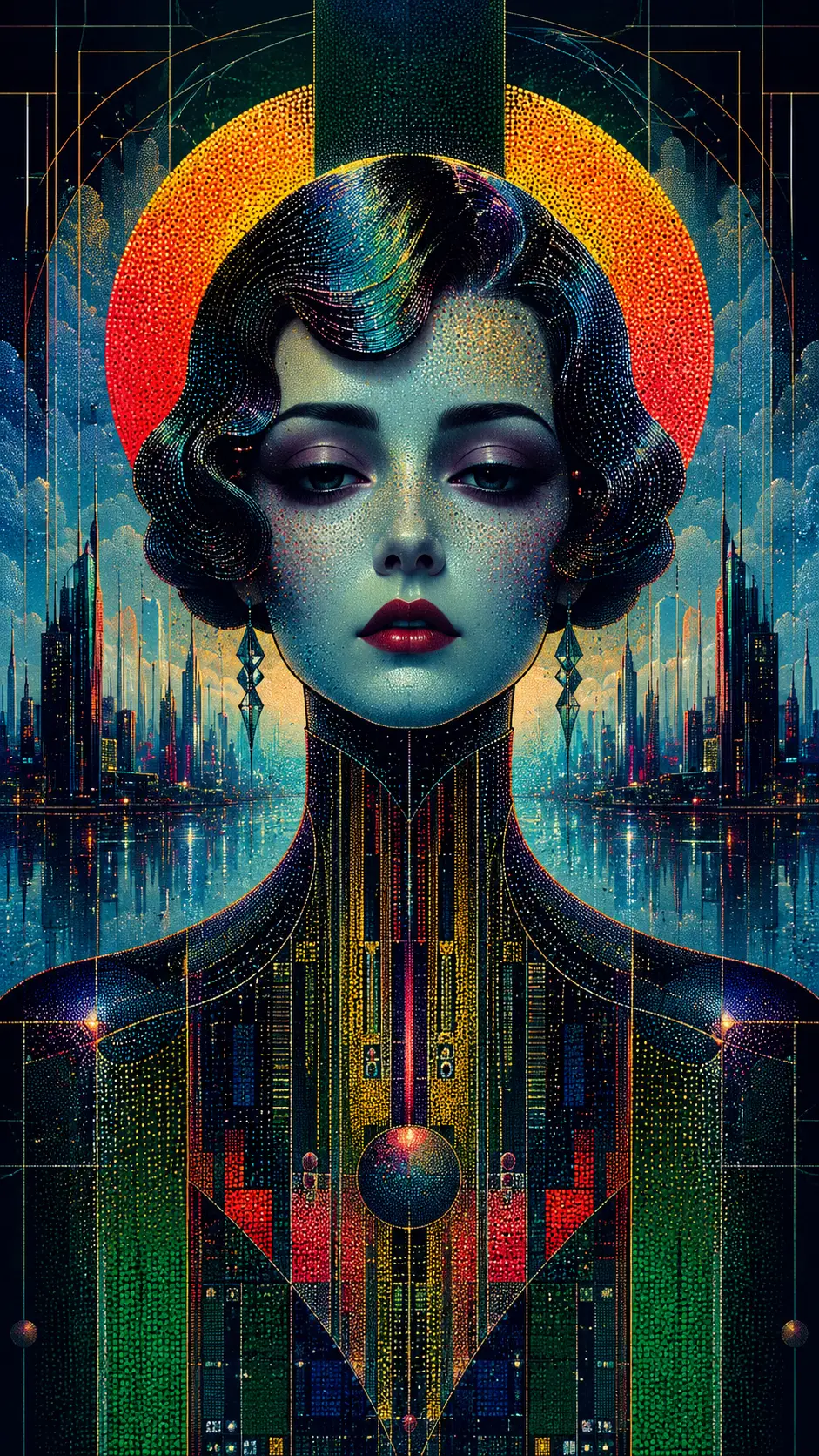 Cyberpunk-Porträt einer Frau mit geheimnisvollen dunklen Augen
