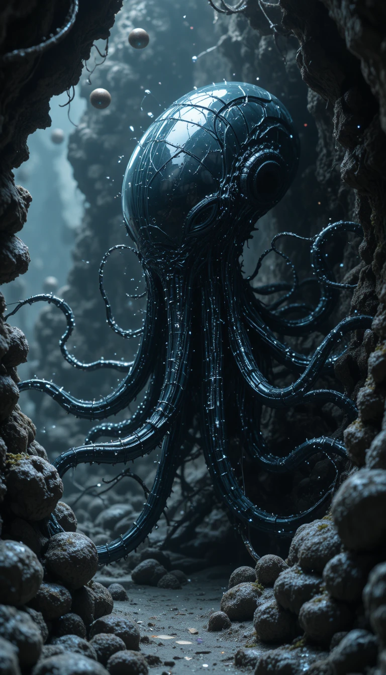 Elegant alien symbiote creatures in biomechanical tunnels