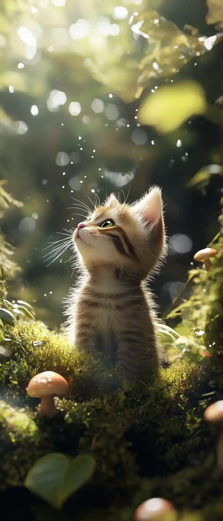 Tiny kitten hiding in a mossy forest dell