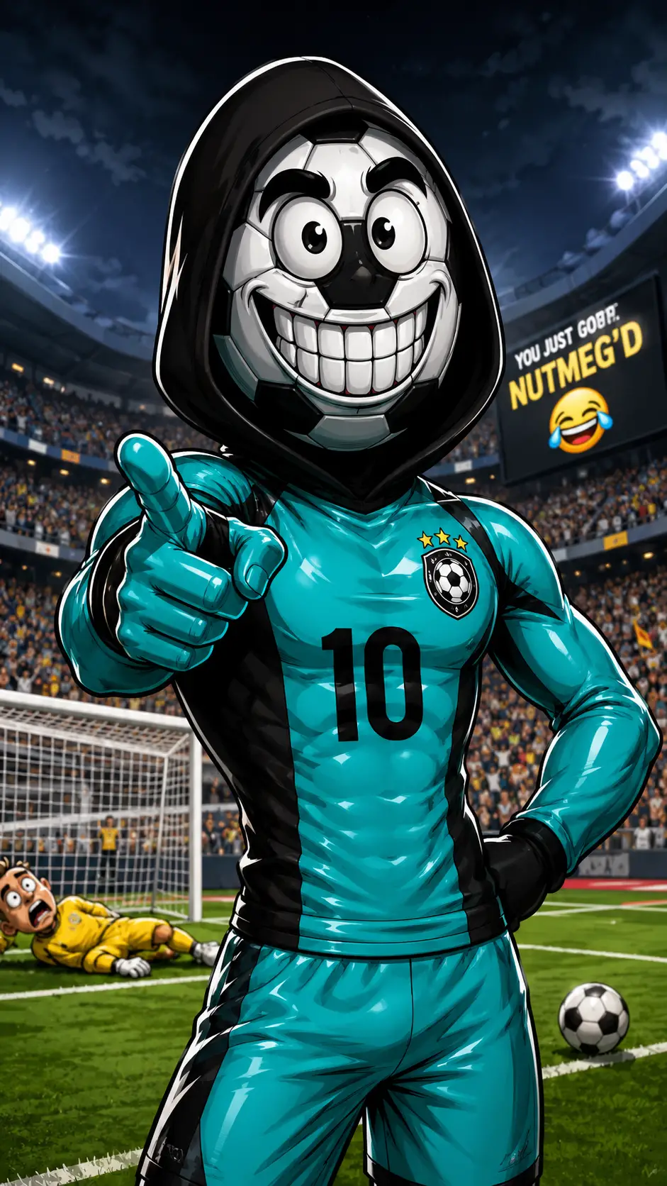 Cartoon football player with soccer ball mask on field