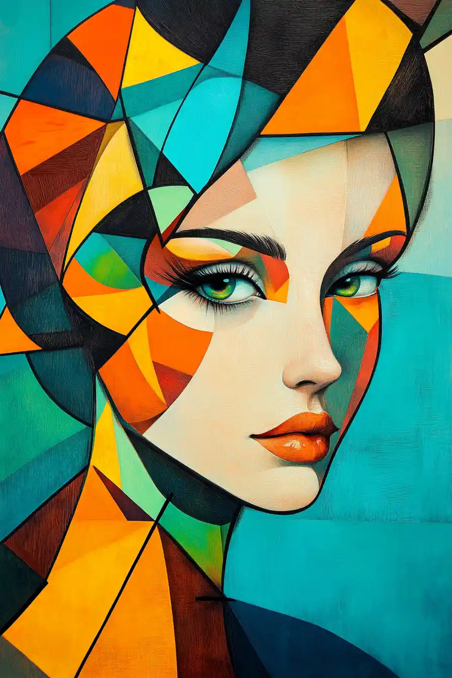 Woman with vibrant geometric hair against blue sky backdrop