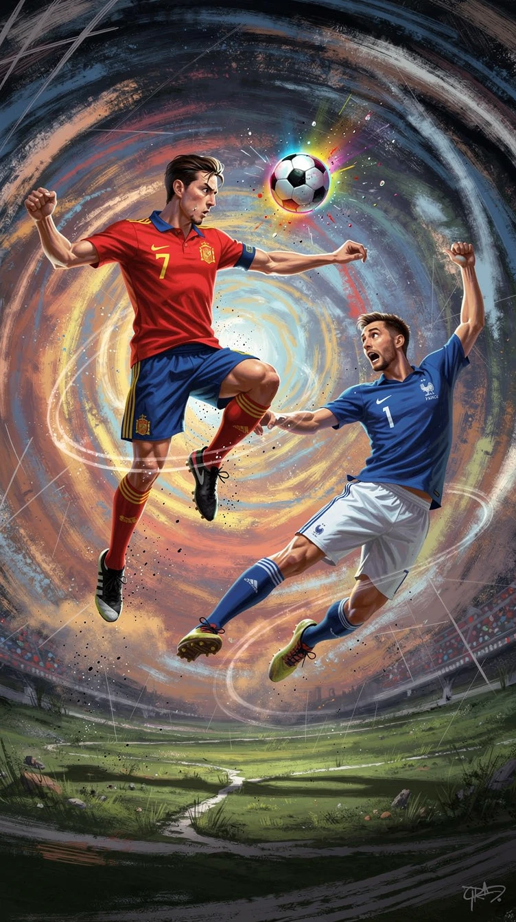Dynamic mid air soccer duel between france and spain players