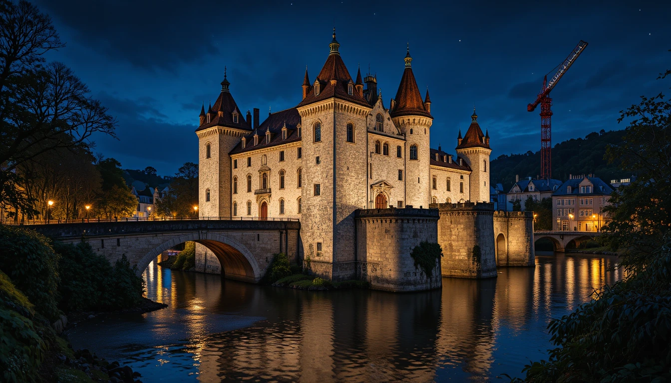 Medieval castle overlooking river in night european cityscape
