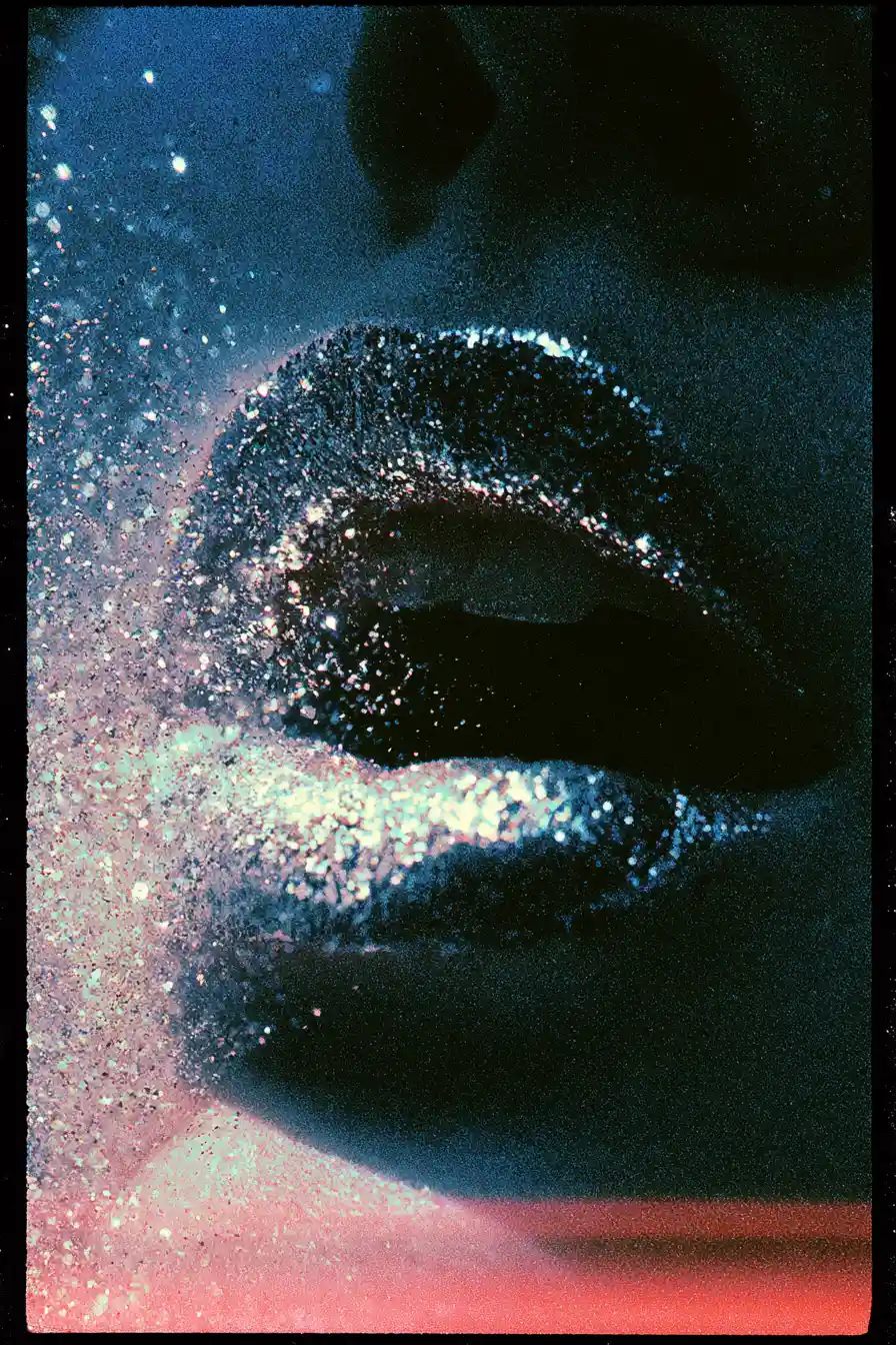 Surreale Lippen im Close-up, die schimmernden goldenen Glitzer ausblasen